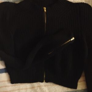 Material Girl Black Ribbed golden Zip Cardigan Gold Zipper sleeves